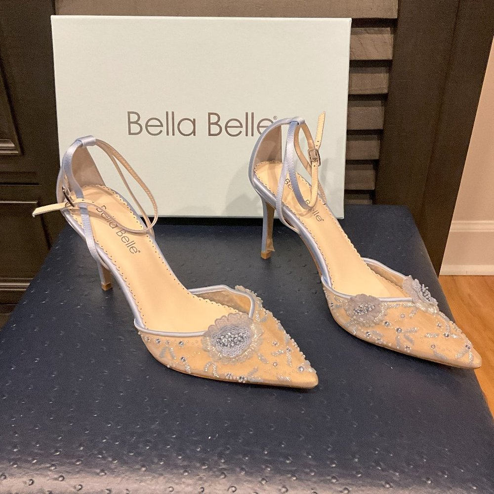Bella Belle Wedding Shoe Something Blue with Ankle Straps Crystals Silk Mesh 8.5